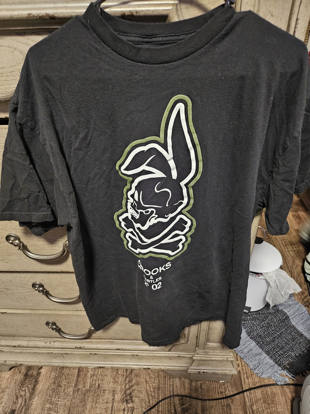 Crooks & Castles Black Tee with White & Olive Skull Bunny Graphic